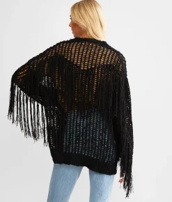 Peach Love California Fringe Cardigan Sweater Black Sale