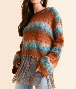 Tops | Miss Me Fringe Sweater Brick Red