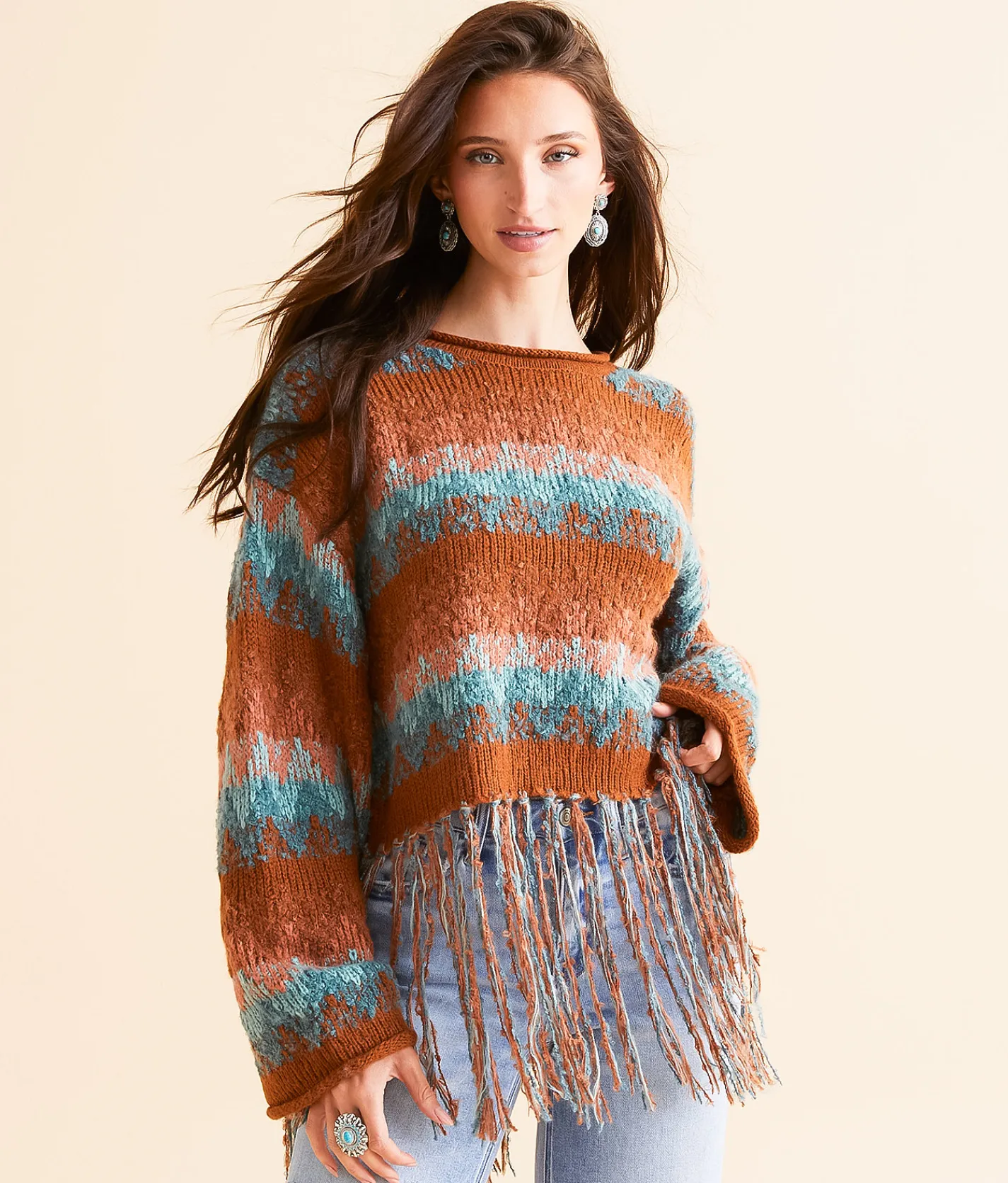 Tops | Miss Me Fringe Sweater Brick Red