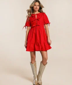 Dresses | Willow & Root Front Tie Bubble Dress Red