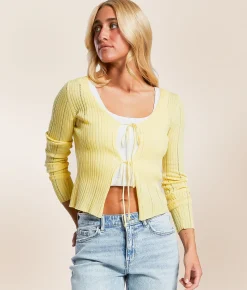 Tops | By Together Front Tie Cropped Cardigan Sweater Lemon