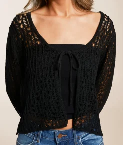 Beivy Front Tie Cropped Cardigan Sweater Black