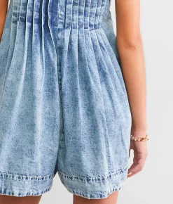Veveret Front Tie Denim Romper White Online