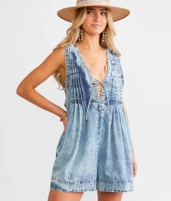 Veveret Front Tie Denim Romper White Online