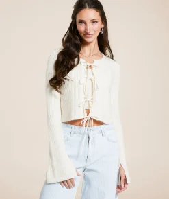 TIC TOC Front Tie Heathered Cardigan Sweater Wheat Best
