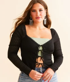 Tops | Willow & Root Front Tie Lace Top Black