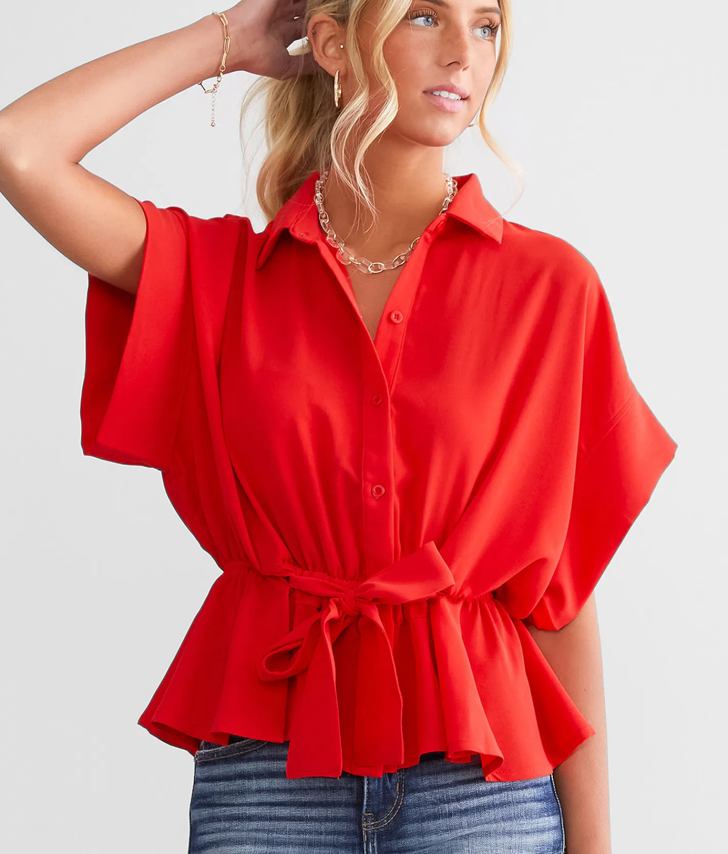 Hyfve Front Tie Peplum Blouse Hibiscus Best