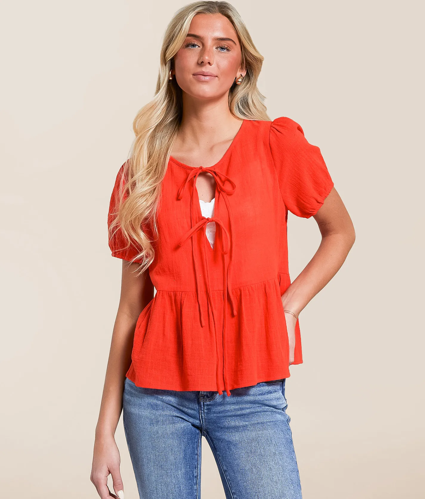 Tops | Hyfve Front Tie Peplum Top Red Orange