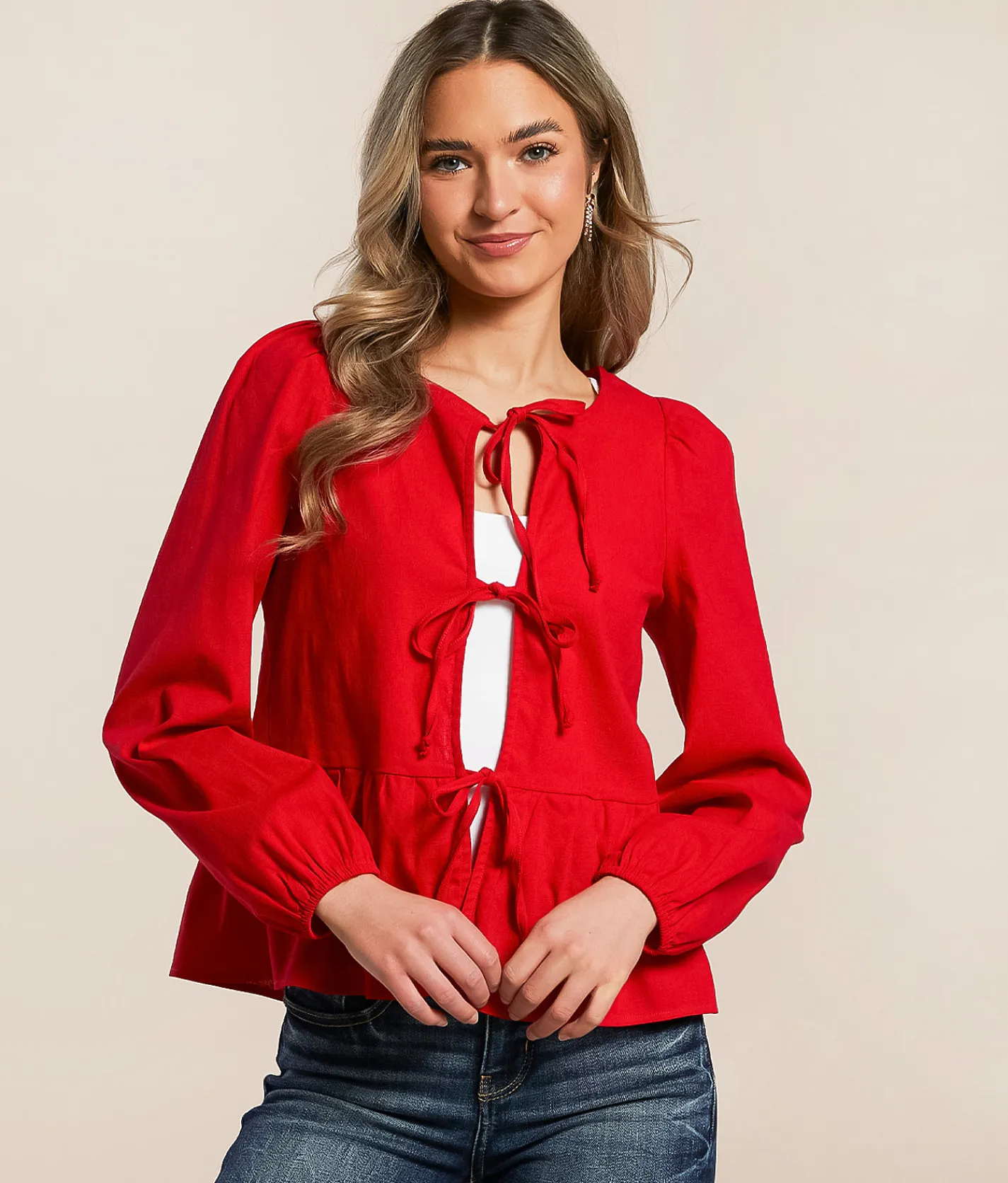 Willow & Root Front Tie Peplum Top Red Online