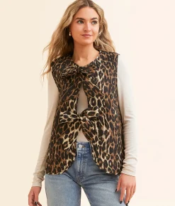 Veveret Front Tie Quilted Vest Brown Black Clearance