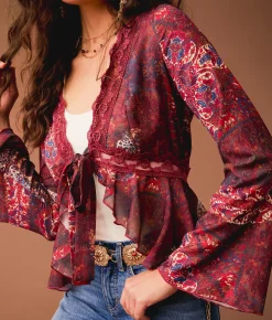 Gimmicks Front Tie Ruffle Top Brown Multi Online