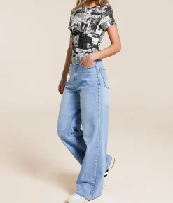 Habitual Gemma Wide Leg Studded Stretch Jean Splash Discount