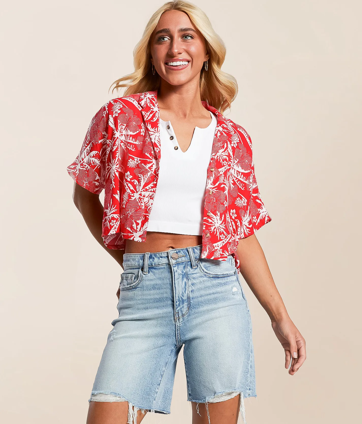 Hurley Getaway Cropped Shirt Float Red Discount