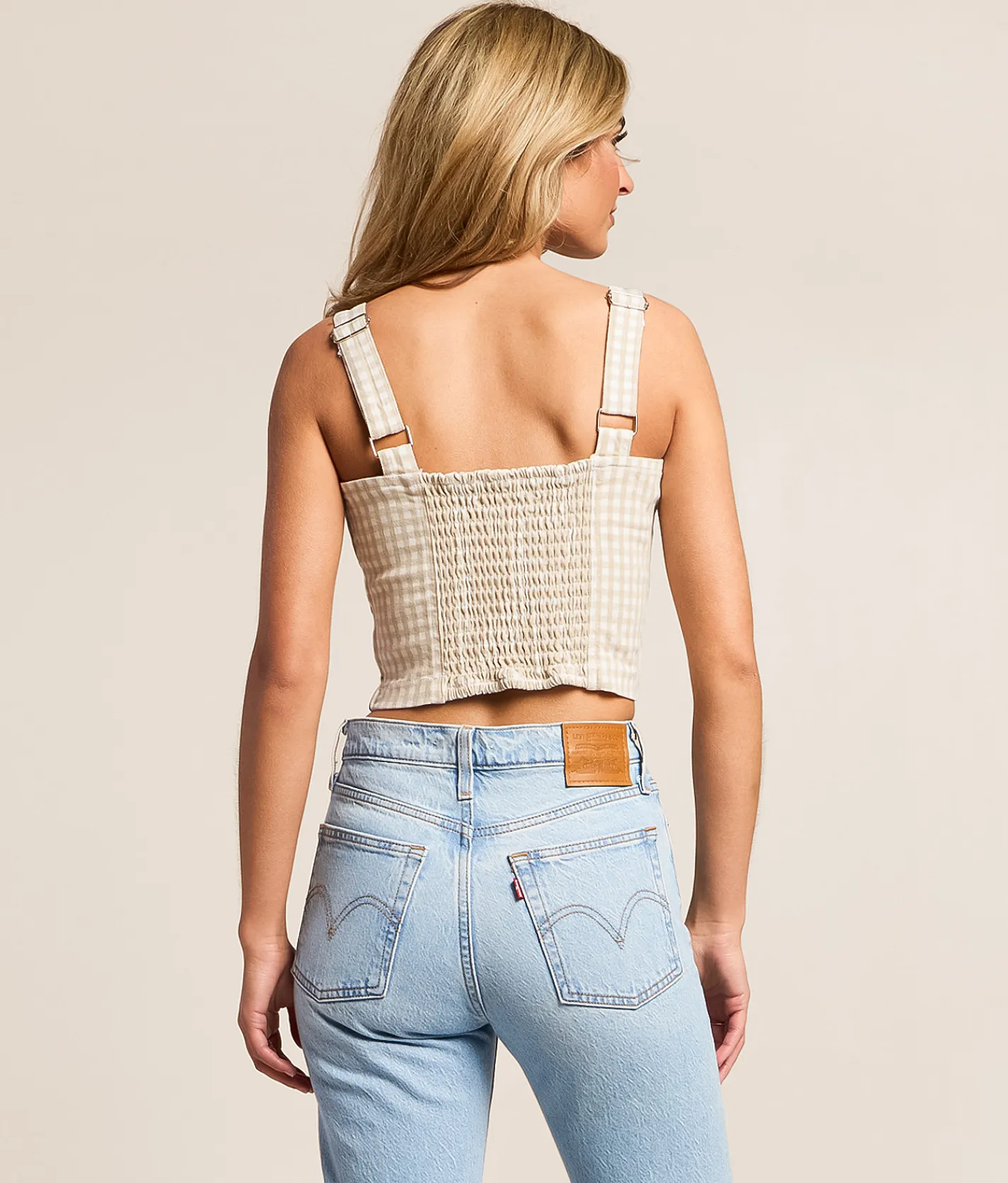 Tops | HIDDEN Gingham Denim Cropped Tank Top Big Tan Gingham