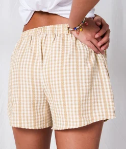 Bottoms|Shorts | 33 Coastal Gingham Lace Boxer Short Taupe Cream