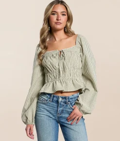 LE LIS Gingham Peplum Top Olive Ivory Sale