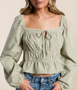 LE LIS Gingham Peplum Top Olive Ivory Sale