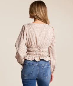 Willow & Root Gingham Smocked Top White Taupe Hot