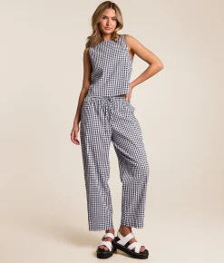 Willow & Root Gingham Taper Cropped Pant Navy New