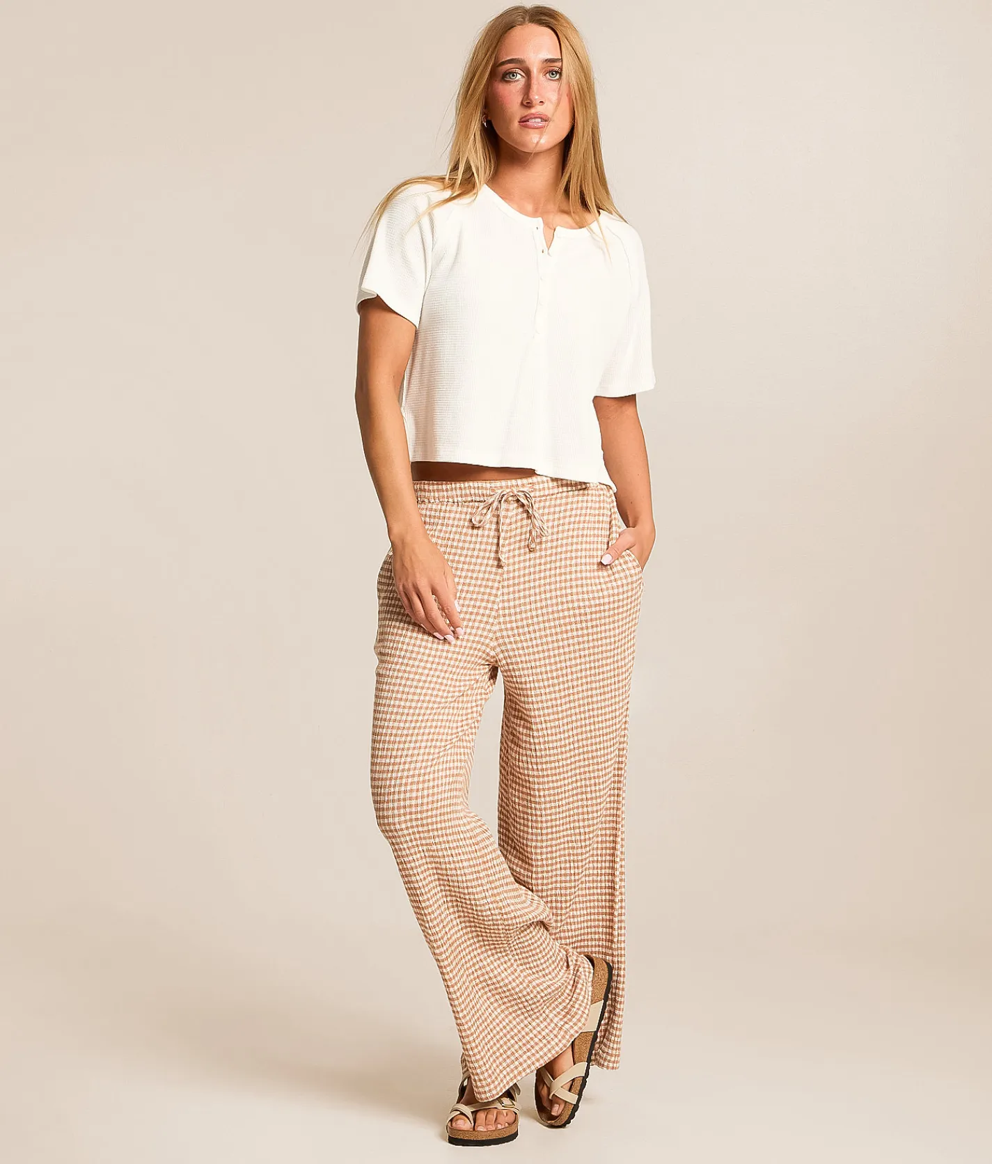 Billabong Gingham Wanderer Wide Leg Pant Sugar Almond Clearance