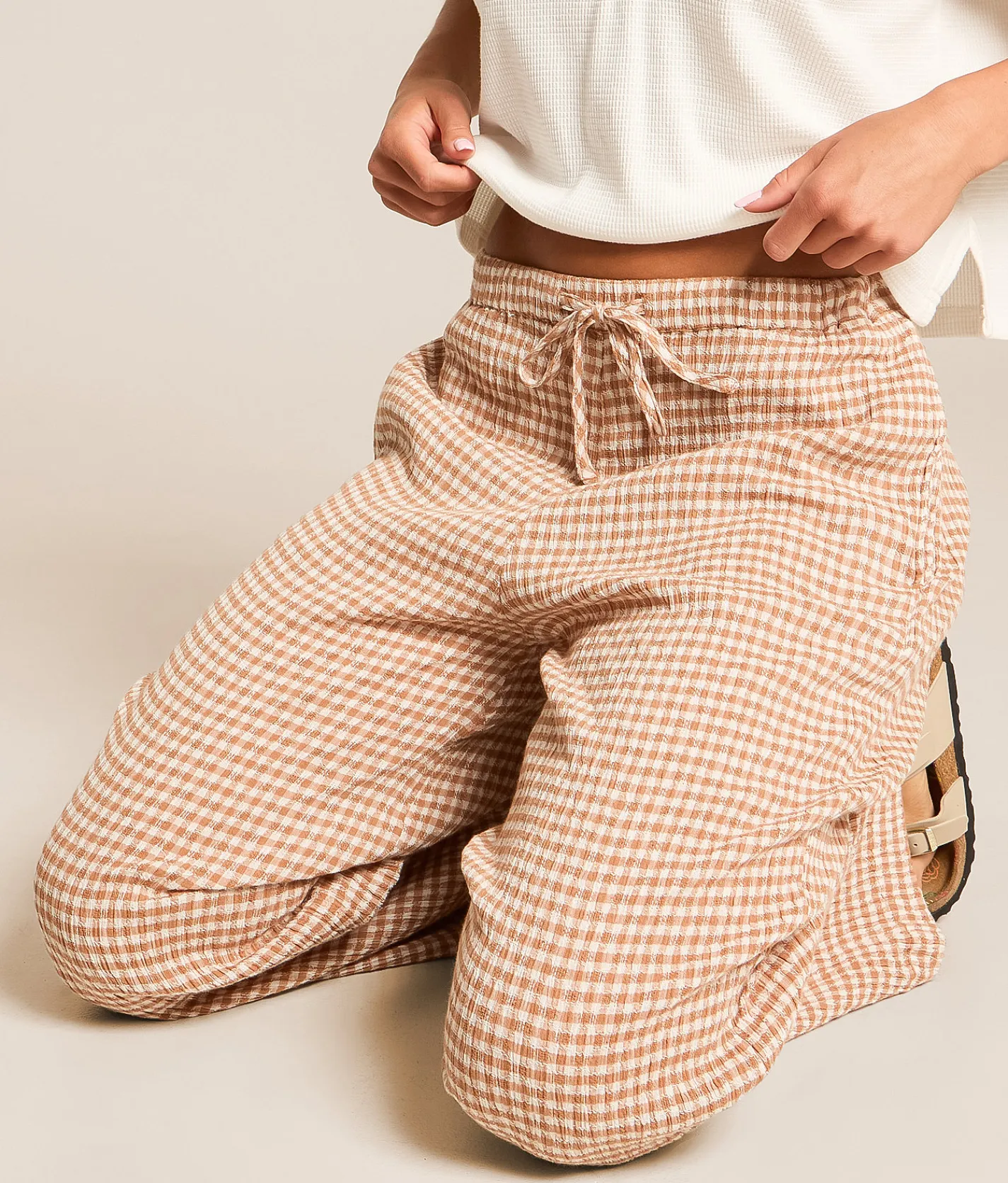 Billabong Gingham Wanderer Wide Leg Pant Sugar Almond Clearance