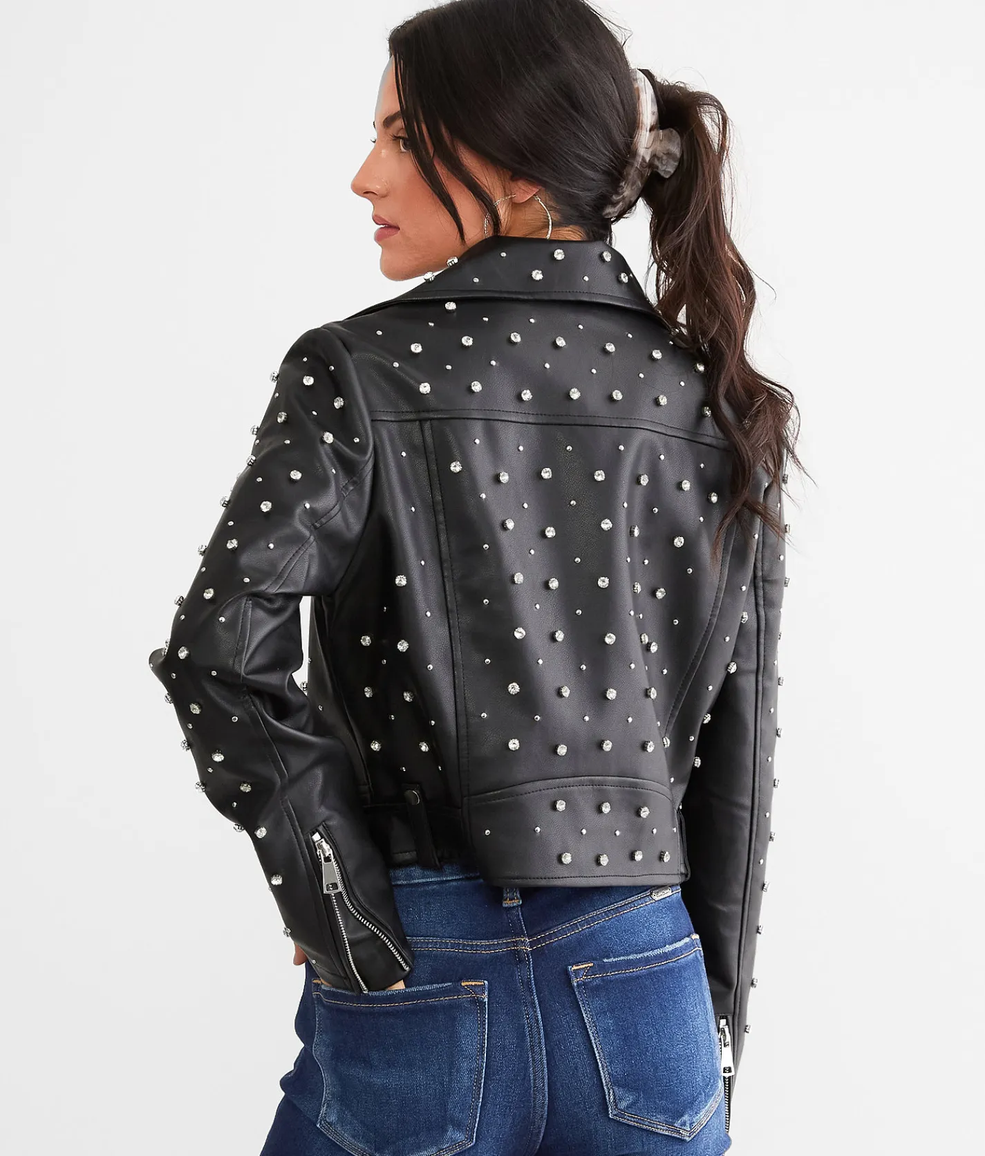 Azalea Wang Glitz Cropped Faux Leather Jacket Black