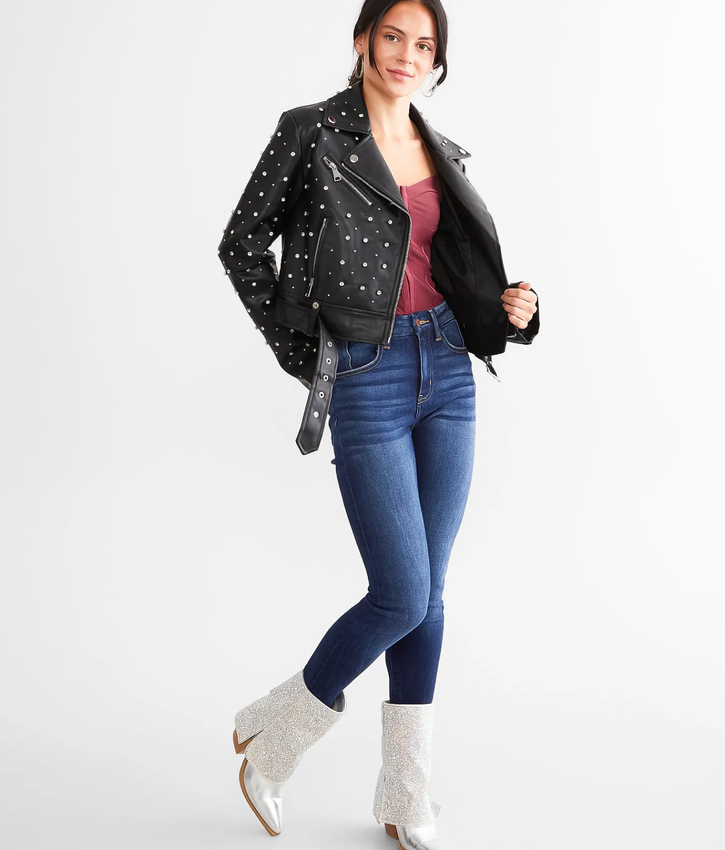 Azalea Wang Glitz Cropped Faux Leather Jacket Black
