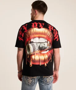 Tops|Graphic T-Shirts | FLY by Popularity Golden Lips Oversized T-Shirt Black