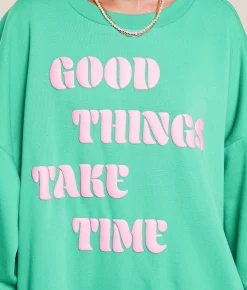 Modish Rebel Good Things Take Time Oversized Pullover Green Spruce