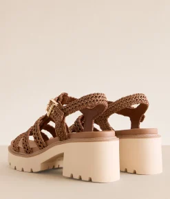 Shoes | Mia Harllow Raffia Chunky Heeled Sandal Cognac
