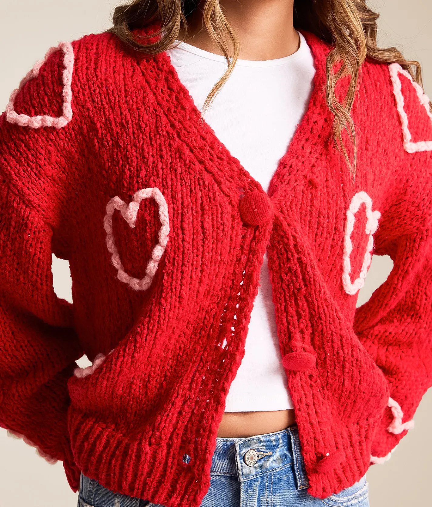 Tops | BiBi Heart Cardigan Sweater Red Pink