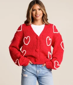 Tops | BiBi Heart Cardigan Sweater Red Pink