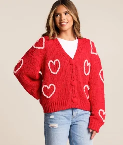 Tops | BiBi Heart Cardigan Sweater Red Pink