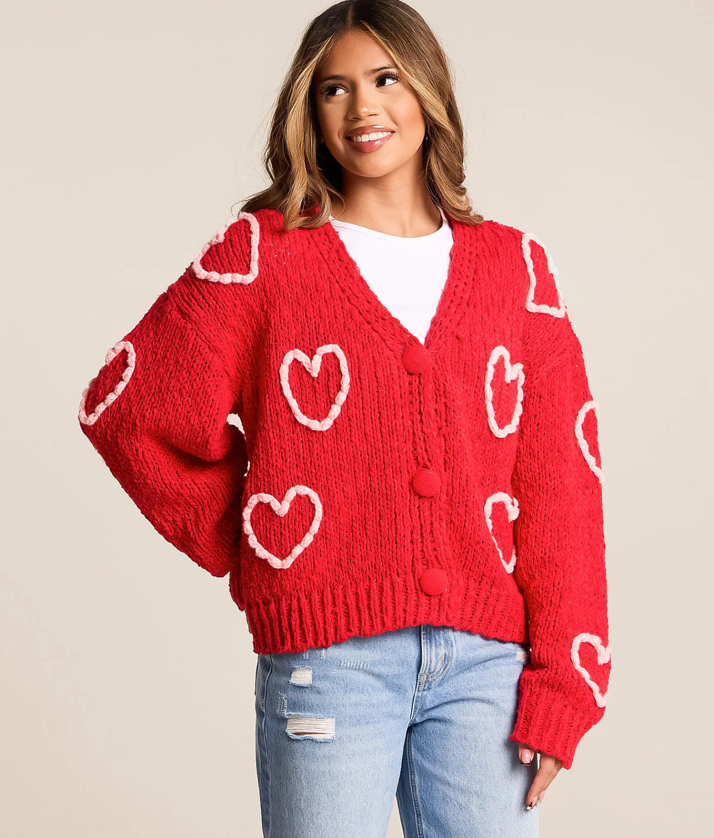 Tops | BiBi Heart Cardigan Sweater Red Pink