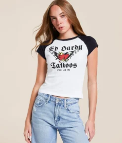 Ed Hardy Heart Wings Raglan T-Shirt Black White Sale