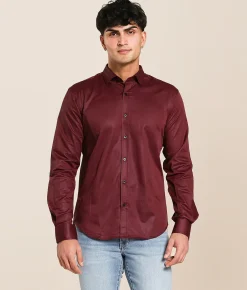 Eight X Herringbone Stretch Shirt Burgundy New