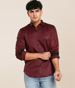 Eight X Herringbone Stretch Shirt Burgundy New