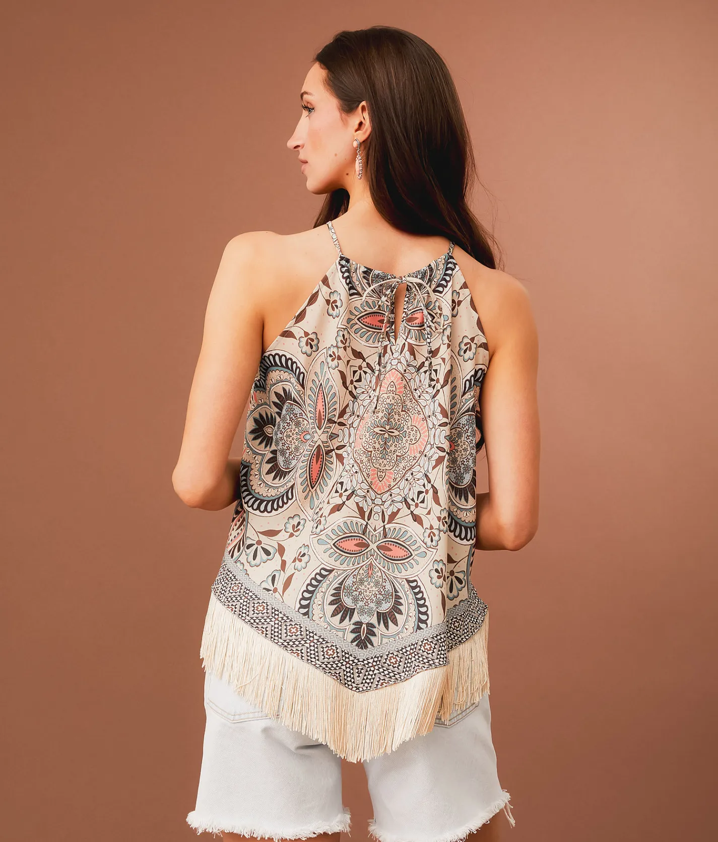 Sterling & Stitch High Neck Fringe Tank Top Stone Slate Outlet