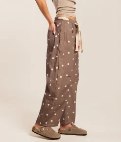 Peach Love California High Rise Polka Dot Barrel Pant Brown Ivory Hot