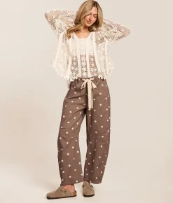 Peach Love California High Rise Polka Dot Barrel Pant Brown Ivory Hot