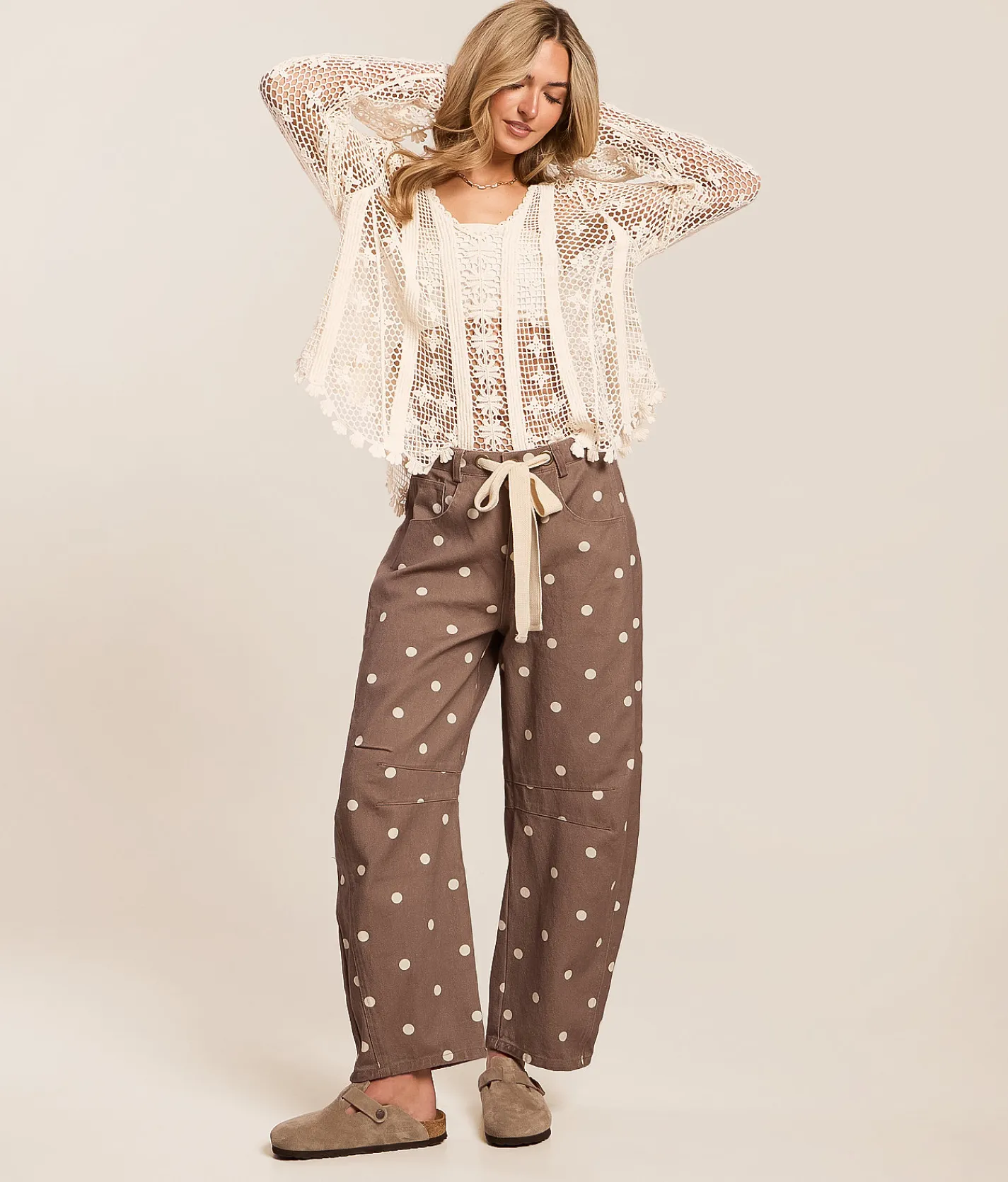 Peach Love California High Rise Polka Dot Barrel Pant Brown Ivory Hot