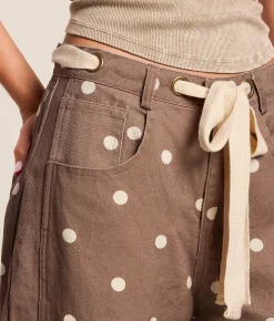Peach Love California High Rise Polka Dot Barrel Pant Brown Ivory Hot
