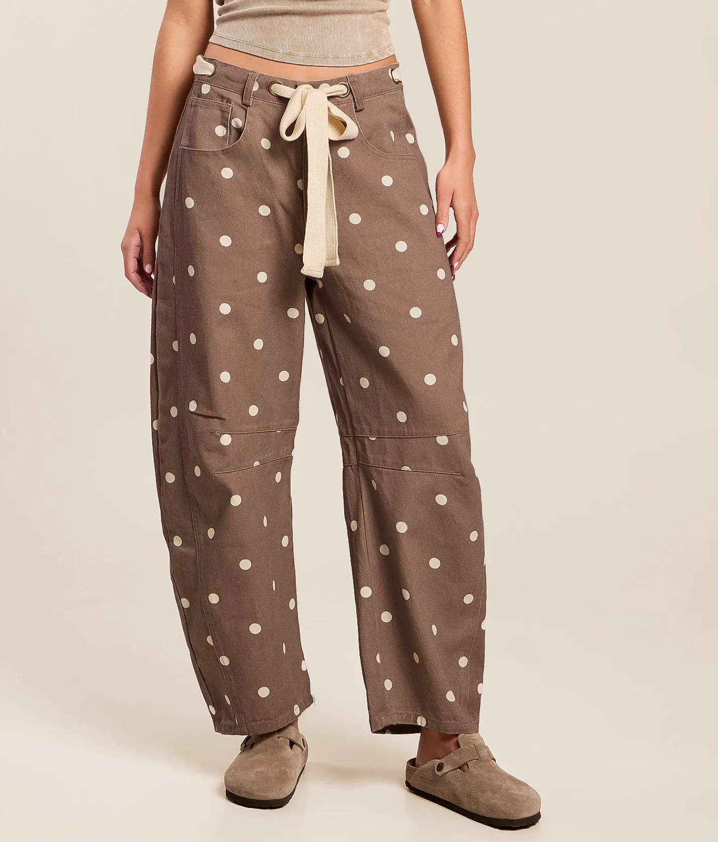 Peach Love California High Rise Polka Dot Barrel Pant Brown Ivory Hot