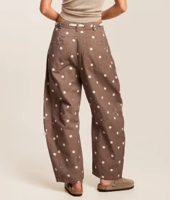 Peach Love California High Rise Polka Dot Barrel Pant Brown Ivory Hot