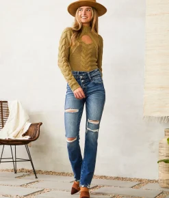 Flying Monkey High Rise Slim Straight Stretch Jean Coreopsis Outlet