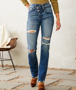 Flying Monkey High Rise Slim Straight Stretch Jean Coreopsis Outlet