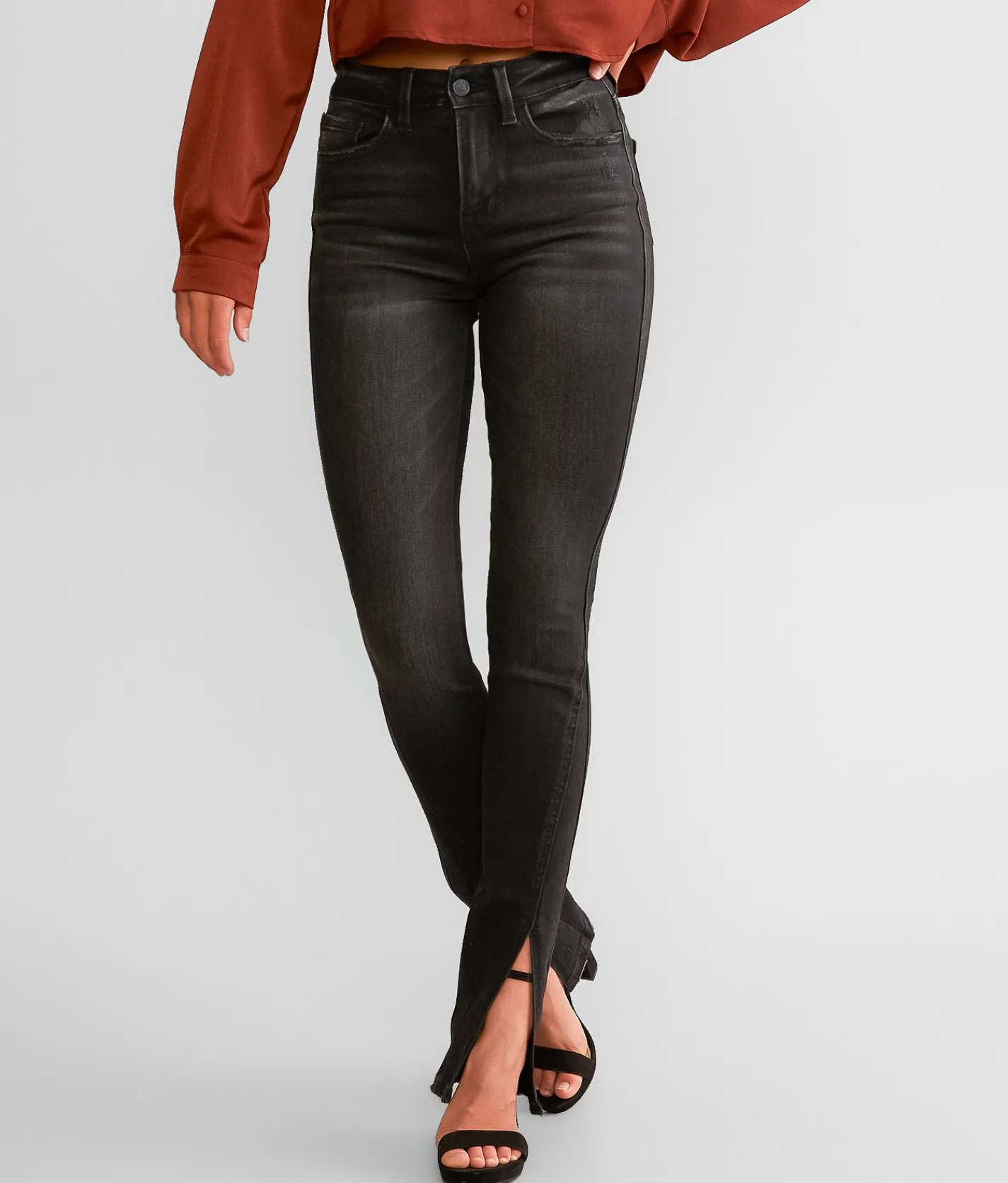 Flying Monkey High Rise Slim Straight Stretch Jean Coral Vine Hot
