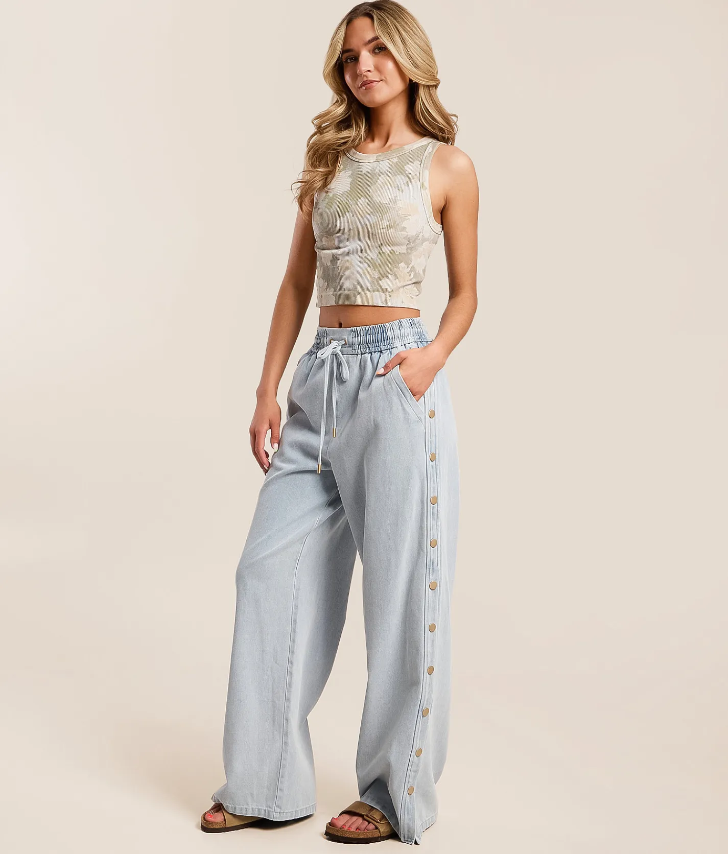 Jeans|New Jeans | CAMELLIA High Rise Wide Leg Baggy Side Snap Jean Blue