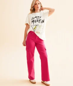 Risen High Rise Wide Leg Cargo Stretch Pant Fuchsia Clearance
