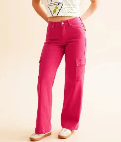 Risen High Rise Wide Leg Cargo Stretch Pant Fuchsia Clearance